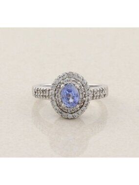 Sterling Silver Ceylon Blue Sapphire and White Zircon Halo Ring Size 9 1/4